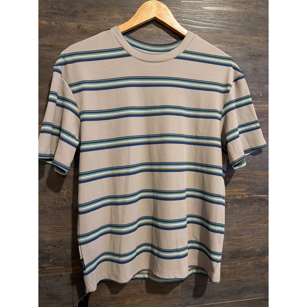 Tiny Tribe Australia Kids Ribbed Striped T-Shirt Tan Blue Green Size 12 NEW